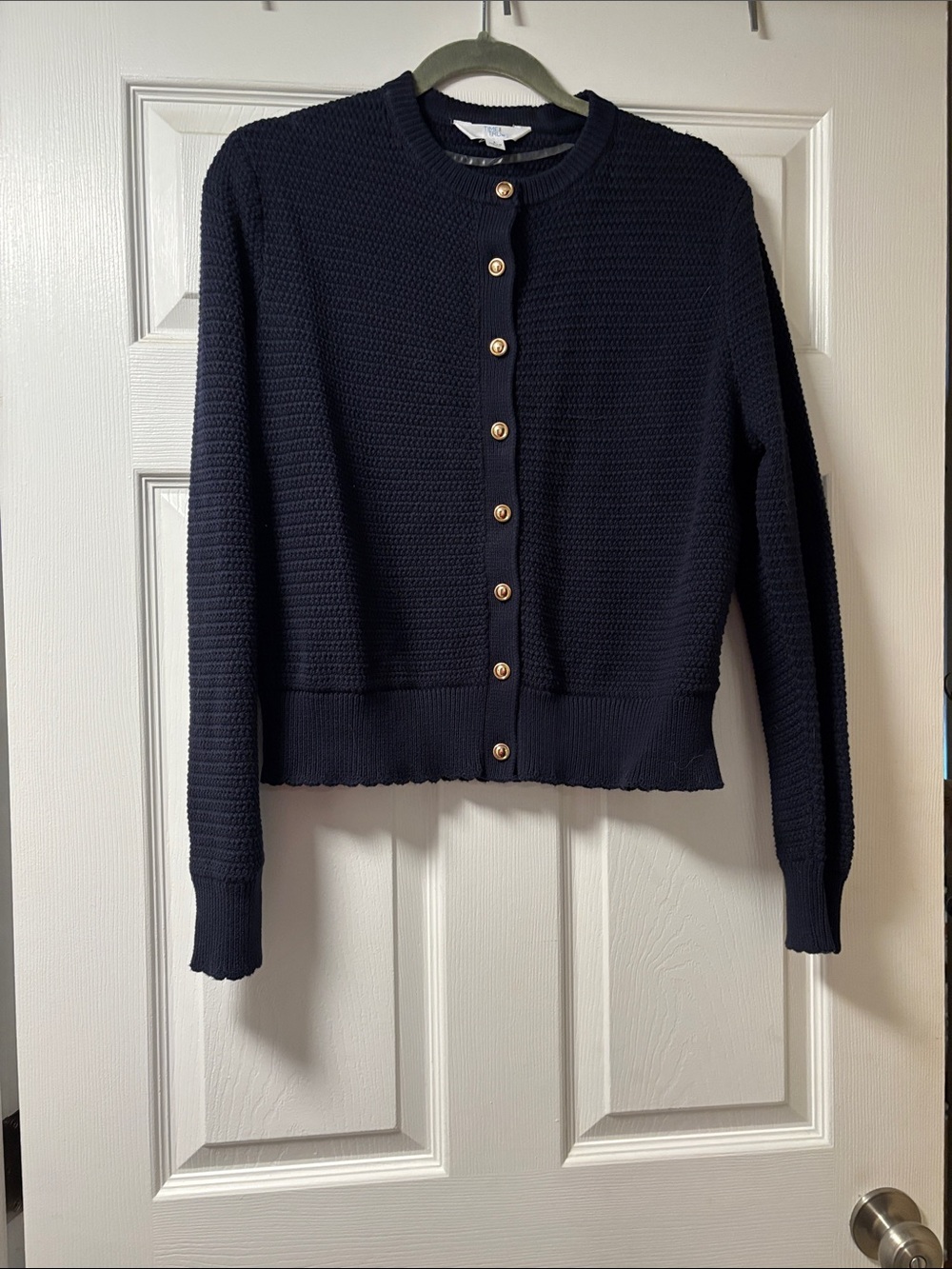 Navy Textured Button-Front Cardigan with Gold Buttons